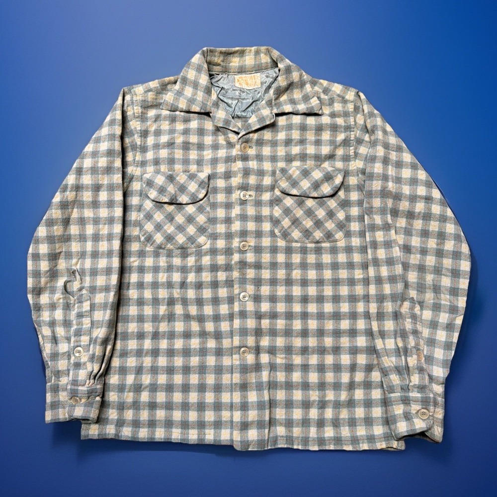 50s Pendleton Board Shirt Medium Plaid Wool Loop Collar Flap Pocket WHITE TAG